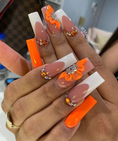 Nail Designs Bling, Orange Acrylic Nails, Quartz Nails, Fancy Nails Designs, Nails Design With Rhinestones, Dope Nail Designs, Long Acrylic Nails Coffin, Acrylic Nails Coffin Pink, Unique Acrylic Nails