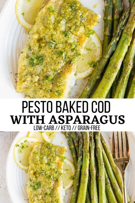 Pesto Fish Recipes, Cod And Asparagus, Pesto Fish, Cod Recipes Healthy, Baked Cod Recipes, Cod Fish Recipes, Fish Recipes Baked, Baked Asparagus, Cod Recipes