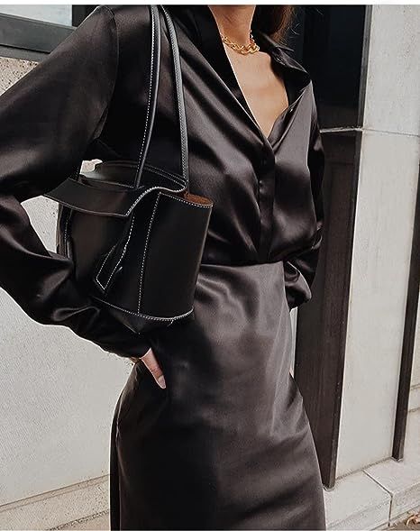 Silk Shirt Outfit, Satijnen Blouses, Black Silk Shirt, Black Silk Skirt, Blouse Satin, Black Silk Blouse, Summer Formal Dresses, Silk Shirts, Silk Outfit