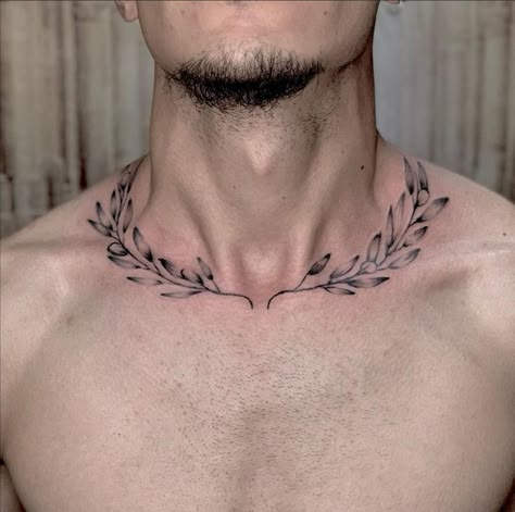 Greek Neck Tattoo, Collar Tattoo Men, Mens Collar Bone Tattoo, Tattoo On Chest For Men, Collarbone Tattoo Men, Mens Neck Tattoos, Laurel Tattoo, Neck Tattoos For Men, Calf Tattoo Ideas