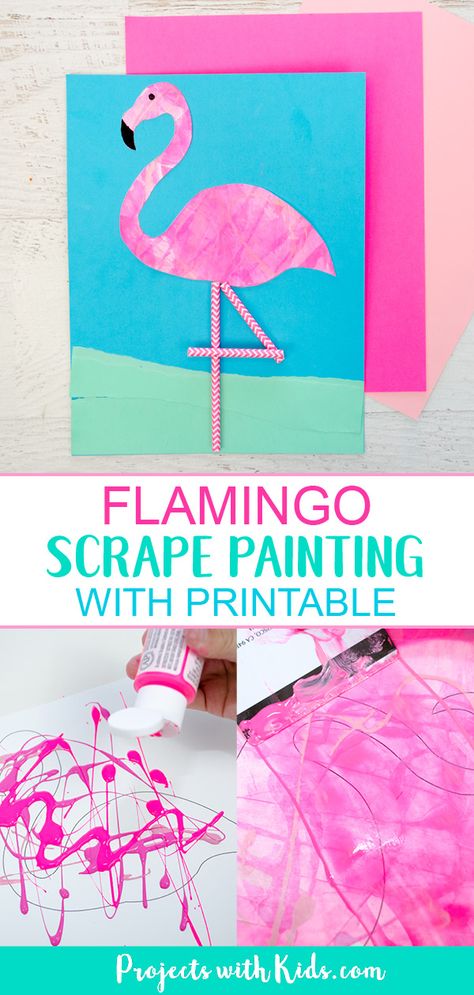 Make this super fun flamingo scrape painting with bright bold colors, torn paper and paper straws! A perfect summer craft for kids. Free printable included. #projectswithkids #summercrafts #kidsart #paintingideas Flamingo Template, Scrape Painting, Flamingo Craft, Summer Art Projects, Mixed Media Art Projects, Summer Craft, Summer Crafts For Kids, Flamingo Art, Animal Crafts For Kids