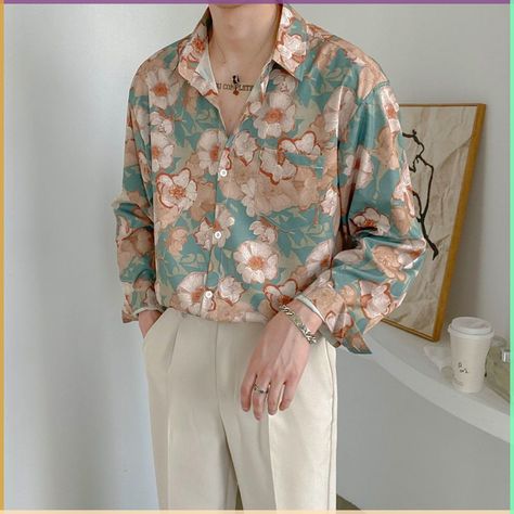 Men’s Long Sleeve Button Up, Patterned Mens Shirt, Unique Men Clothes, Flower Outfits Men, Colorful Man Outfit, Cute Clothes Men, Pretty Outfits Men, Whimsical Mens Fashion, Feminine Clothes For Men