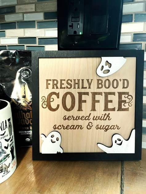 Halloween Themed Kitchen, Spooky Kitchen Ideas, Coffee Kitchen Decor Ideas, Halloween Coffee Bar Ideas, Spooky Kitchen Decor, Halloween Coffee Shop Decor, Halloween Coffee Bar Decor, Coffee Halloween Decor, Coffee Bar Sign Ideas