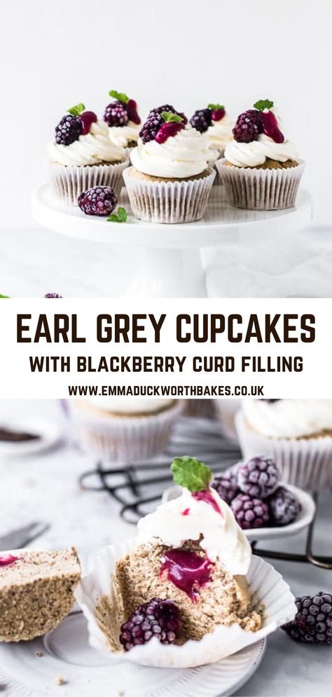 Earl Grey Cupcakes with Blackberry Curd filling make an incredible flavor combination for dessert. These cupcakes are easy to make at home and bake in just 20 minutes. You'll love to serve these tasty treats to your guests or just to have on hand to satisfy your sweet tooth. Savory Cupcakes Ideas, Cake Flavor Combinations Ideas, Unique Dessert Flavors, Unusual Cupcake Flavors, Muffin Flavor Ideas, Cupcake Filling Recipes Easy, Unique Cake Flavors And Fillings, Cupcake Alternatives, Cake Flavors And Fillings Combinations