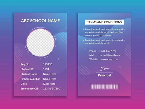 School id card template and vatical college student identity card design layout Identity Card Design Student, Student Identity Card Template, School Id Template Layout, Id Layout, School Id Card Template, School Id Pictures, Student Identity Card, Card Design Layout, Student Id Card