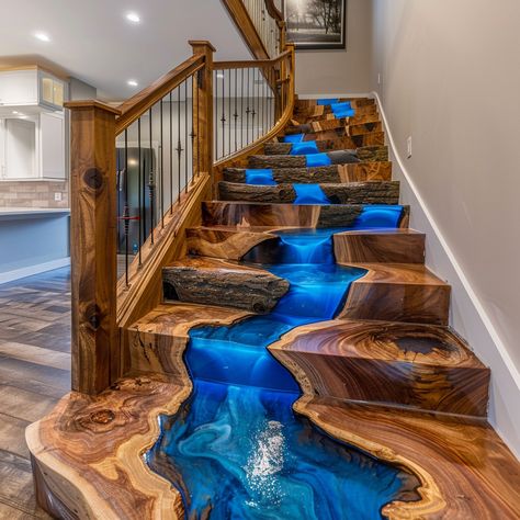 Fluid Grandeur: Unveiling Striking Epoxy Waterfall Staircases Waterfall Epoxy Table, Resin Staircase, Epoxy Resin Stairs, Epoxy Stairs, Wood Epoxy Projects, Waterfall Staircase, Resin Epoxy Ideas, Unique House Ideas, Resin Stairs