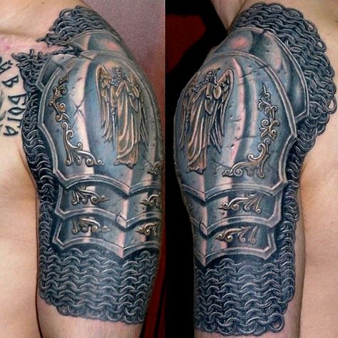 The chain mail is amazing. For mine, it will be dragon scales. Thinking I might have it cover a bit more than this one though. Armour Tattoo, Shoulder Armor Tattoo, Tato Maori, Tatoo 3d, Quarter Sleeve Tattoos, Cool Shoulder Tattoos, Hyper Realistic Tattoo, Armor Tattoo, Mens Shoulder Tattoo