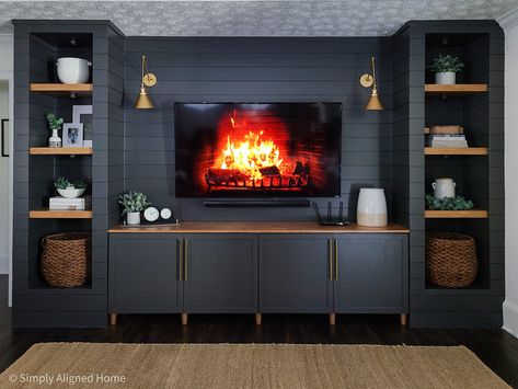 Transform Your IKEA Finds: The Secrets to Perfectly Painted IKEA Furniture Ikea Basement Built Ins, Built In Tv Wall Unit Shiplap, Entertainment Center Design Ideas, Ikea Hack Tv Wall Built Ins, Ikea Hacks For Tv Wall, Diy Entertainment Center Ikea Hack, Ikea Entertainment Centers, Entertainment Wall Ikea Hack, Built In Tv Wall Unit Dark Green