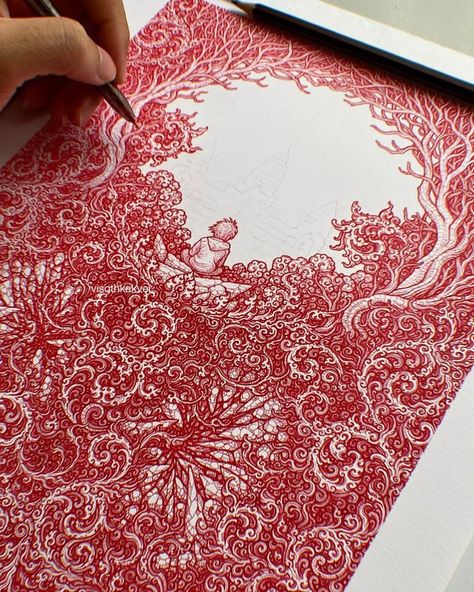 textured art Red Pen Art, Red Pen Drawings, Red Ink Drawing, Paint Pen Art, Fine Line Art, Ballpoint Pen Art, Ink Pen Art, Pen Art Work, Ballpoint Pen Drawing