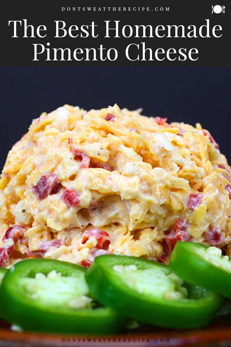 This pimento cheese recipe is amazing! So easy to make and 100 times better than the pre-packed stuff. #recipes #appetizers #cheese Cream Cheese Pimento Cheese Recipe, Diy Pimento Cheese Recipe, Pimento Cheese Recipe With Velveeta, Pomintoe Cheese Recipe, Jalapeño Pimento Cheese, Homemade Pimento Cheese Recipe Easy, Paminto Cheese Recipe, White Cheddar Pimento Cheese Recipe, Pimento Cheese Recipe Pioneer Woman