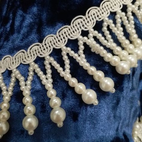 White Moti Work Embroidery, Tassel With Beads, Moti Lace, Curtain Diy, Pearl Fringe, Saree Tassels Designs, Tassel Lace, Crochet Placemat Patterns, Pearl Crafts