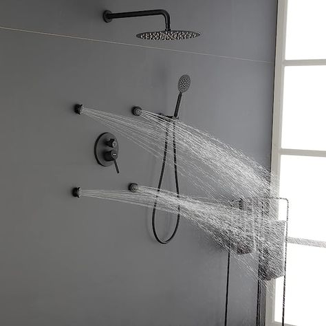 Bathroom Jet Spray, Shower Body Jets, Body Jets Bathroom, Shower With Jets, Master Suite Remodel, Rain Shower System, Shower Jets, Shower Holder, Black Rain