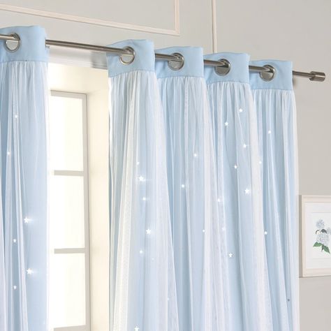 Aurora Home Star Punch Tulle Overlay Blackout Curtain Panel Pair - On Sale - Bed Bath & Beyond - 32080618 Periwinkle Bedroom, Energy Efficient Window Treatments, Light Blue Curtains, Frozen Bedroom, Frozen Room, Star Cut Out, Magical Light, Light Pattern, Blue Curtains