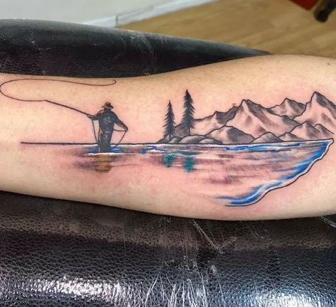 Mountain Fishing Tattoo, Fly Fisherman Tattoo, Fly Fishing Tattoos, Fishing Tattoos For Women, Fishing Tattoo Design, Fishing Tattoo Ideas, Cool Meaningful Tattoos, Tattoo Ideas Red, Fisherman Tattoo