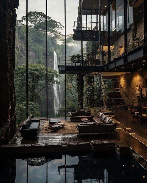 Aesthetic Houses Interiors, Modern Glass House, Glass House Design, Forest Homes, Dark Modern, Dark House, Dream Life House, House Aesthetic, Glass Walls