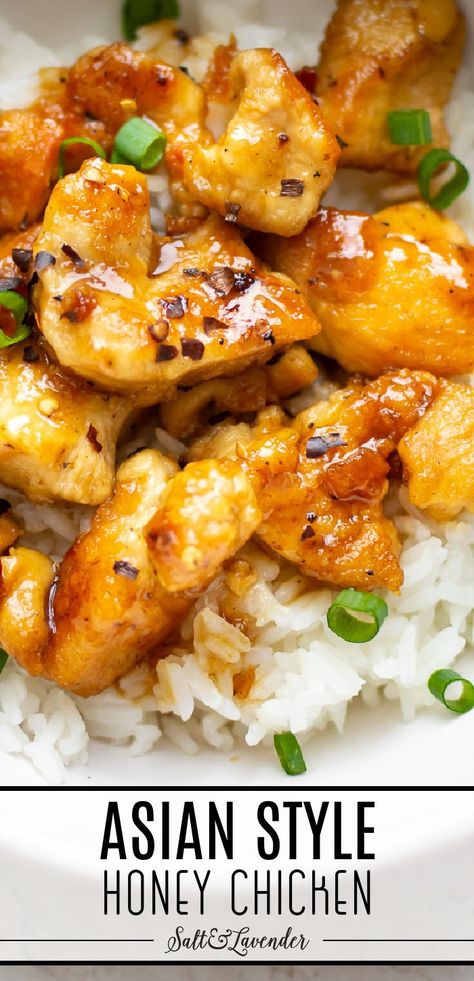 closeup of a bowl of rice and chicken with text overlay that reads asian style honey chicken Easy Honey Chicken, Jasmine Rice Recipes, Honey Chicken Recipe, Top Dinner Recipes, Asian Chicken Recipes, Easy Chicken And Rice, Asian Dinners, Pan Fried Chicken, Chinese Cooking Recipes