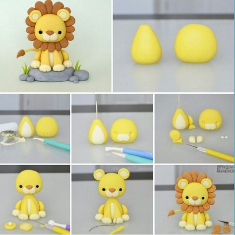 Polymer clay Leo Clay Crafts For Kids, Safari Cakes, Fondant Animals, Cake Topper Tutorial, Fondant Cake Toppers, Fondant Tutorial, Tanah Liat, Fondant Decorations, Fondant Toppers