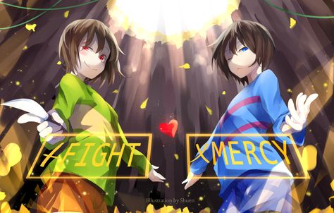 Chara and Frisk, by Somnia Undertale Frisk, Rpg Horror Games, Anime Undertale, Wallpaper Ipad, Toby Fox, Undertale Art, Undertale Fanart, Undertale Comic, Anime Tattoos