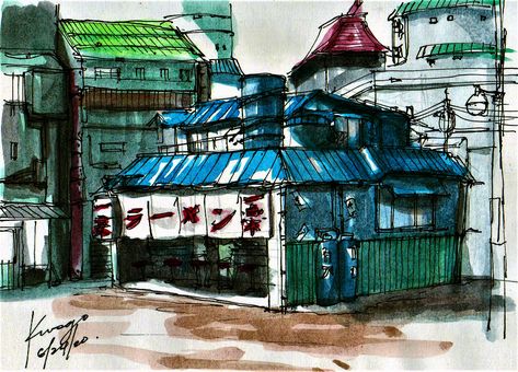 Ramen Shop Drawing, Naruto Ramen Shop, Ichiraku Ramen Shop, Naruto Ramen, Ichiraku Ramen, Light Watercolor, Muji Pens, Shop Drawing, Ramen Shop