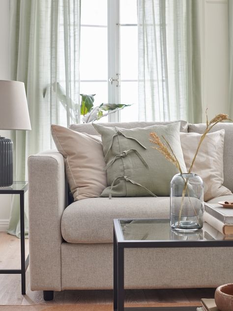 Give your living room a bright and airy makeover - IKEA Gunnared Beige, Ikea Vimle, 3 Seat Sofa Bed, Cream Living Rooms, Laminated Veneer Lumber, Yellow Sofa, Beige Living Rooms, Green Curtains, Large Sofa