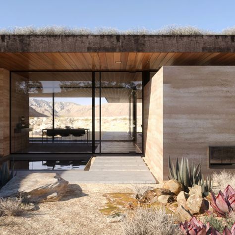 Rost Architects design for custom contemporary desert retreat. This home is designed with rammed earth walls and exposed steel fascia. Local sand will be used for the rammed earth wall mixture so the house will blend with its surroundings. Rammed Earth Wall Interior, Modern Rammed Earth House, Rammed Earth Interior Design, Rammed Earth Exterior, Desert Houses Exterior, Contemporary Desert Homes, Rammed Earth Homes Exterior, Modern Desert Architecture, Rammed Earth Interior