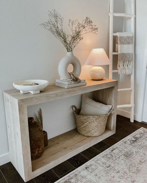 Entry Hall Console Table, Modern Mirror Entryway, Entryway Table And Bench Ideas, Natural Entryway Decor, Entry Eay Table, Entryway Ideas Neutral, Entryway Table Under Window, Cube Console Table, Living Room Foyer Entryway