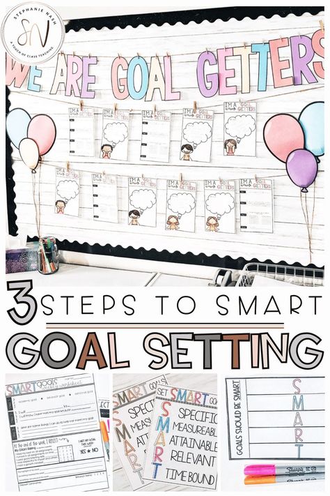 Goals Bulletin Board Elementary, First Grade Goal Setting, Goal Getters Bulletin Board Ideas, Kindergarten Goal Setting Bulletin Board, Goal Setting With Students, Student Learning Goals, Goal Setting For Kindergarten, Goal Setting First Grade, Class Goals Bulletin Board