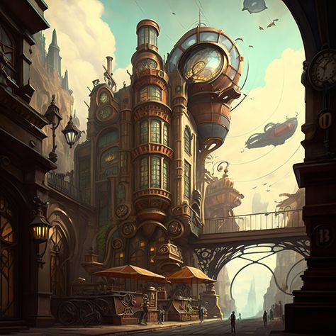 Steampunk Futuristic City, Art Nouveau Steampunk, Steampunk Floating City, Arcanepunk City, Art Deco Fantasy City, Steampunk Factory Concept Art, Piltover Concept Art, Steampunk Fantasy City, Steampunk City Art