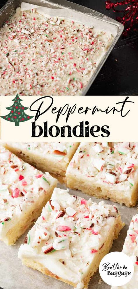 Peppermint Blondies, Peppermint Frosting, Candy Cane Recipe, Peppermint Dessert, Chocolate Blondies, White Chocolate Blondies, White Chocolate Peppermint, White Chocolate Recipes, Holiday Pies