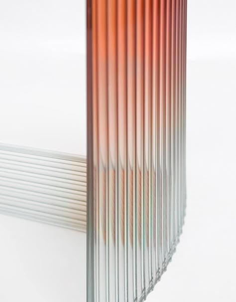 thinkk studio designs a gradient table made of auto glass Mirror Cleaner, Saint Gobain, Mirror Installation, Fluted Glass, Material Board, Glass Side Tables, Material Textures, Flute Glass, Materials And Textures