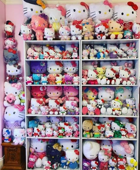 Plushies Hello Kitty, Hello Kitty Plushies, Toy Collection Room, Hello Kitty Headphones, Pink Girl Room Decor, Sanrio Collection, Hello Kitty Room Decor, Hello Kitty Bedroom, Money Wallpaper Iphone