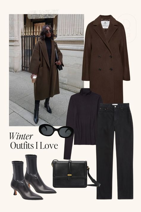 Winter Outfits I Love from Pinterest Europe Cold Weather Outfits, Chocolate Brown Coat Outfit Winter, Chocolate Coat Outfit, Chocolate Brown Coat Outfit, Europe Winter Outfits Cold Weather, London Winter Outfits Cold Weather, Long Brown Coat Outfit, Cold Weather Outfits Jeans, Brown Coat Outfits