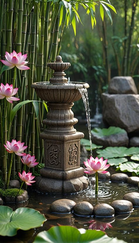 Zen garden foutain - AI creation Aum Art, Lotus Fountain, Zen Water Fountain, Inner Peace Art, Flower Garden Images, Waterfall Background, Zen Wallpaper, Zen Pictures, Lotus Garden