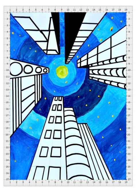 Space And Perspective Art, One Point Perspective Elementary Art, View From Top Of Building Looking Down, Point Of View Art Perspective, 3 Perspective Drawing, Building Perspective Drawing, One Point Perspective Art, Perspective Art Lesson, 1 Point Perspective Drawing