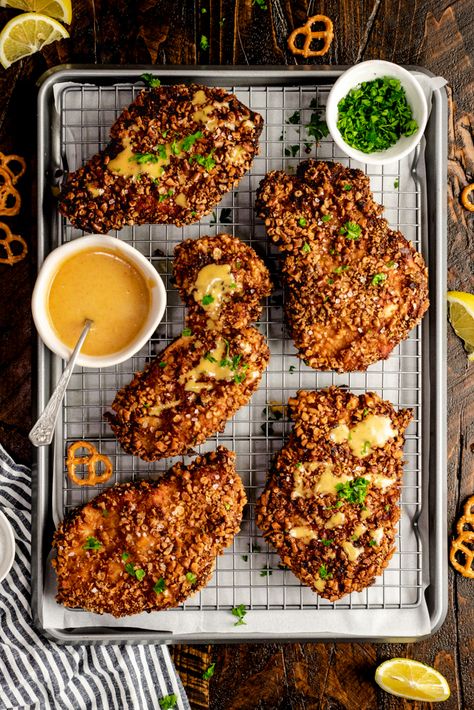 Pretzel Crusted Chicken Nuggets, Honey Mustard Crusted Chicken, Pretzel Crusted Chicken Tenders, Honey Mustard Breaded Chicken, Pretzel Crusted Pork Chops, Chicken With Honey Mustard Sauce, Honey Mustard Pretzel Chicken, Chicken With Honey Mustard, Homemade Honey Mustard Sauce