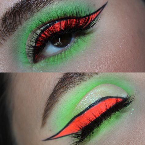 Tmnt Makeup Eye, Dragon Eyeshadow, Red Yellow Green Eyeshadow Looks, Neon Green Eyeshadow, Chameleon Eyeshadow, Mikey Tmnt, Tmnt Mikey, Crazy Eyes, Eyeshadow Looks