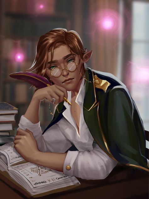 Ravnica Character Art, Fantasy Elf Professor, Fantasy Receptionist, Librarian Dnd Art, Librarian Dnd Character, Fantasy Scholar Art, Character Art Wizard, Librarian Character Art, Half Elf Cleric Female Dnd