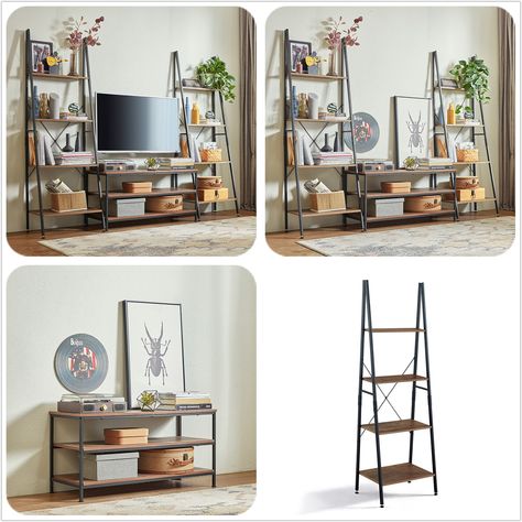 Tv Stand Area Decor, Ladder Shelf Living Room Next To Tv, Bookshelf And Tv Stand, Ladder Shelf Next To Tv, Tv Stand And Bookshelves, Tv Stand Book Shelf Ideas, Tv Stand Decor Bedroom, Tv Stand Styling, Ladder Shelf Living Room