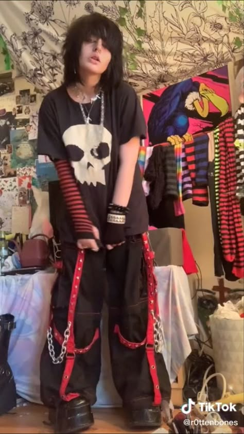 Goth Punk Outfits Aesthetic, Alt Goth Outfits Male, Mall Goth Male Outfits, Red And Black Alt Outfits Masc, Scene Aesthetic Outfits Male, Grunge Goth Outfits Male, Red Alternative Outfits, Masc Emo Outfits 2000s, Red Scene Outfits