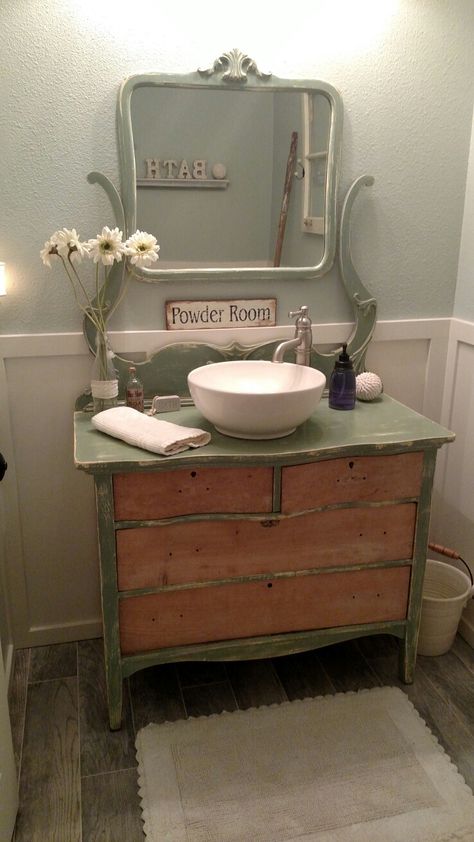 Bathroom vanity Dressers As Bathroom Vanities, Repurposed Bathroom Vanity Ideas, Repurposed Dresser Bathroom Vanity, Antique Washstand As Bathroom Vanity, Vintage Dresser Sink Vanity, Dresser Sink Vanity Farmhouse, Antique Dresser Bathroom Vanity Diy, Washstand Vanity, Dresser Turned Into Bathroom Vanity Vessel Sink