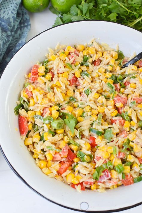 Mexican Street Corn Orzo Pasta Salad in a white bowl Mexican Orzo Salad, Mexican Orzo Pasta Salad, Corn Orzo Salad, Pasta Salad Mexican, Mexican Orzo, Corn Orzo, Salad Mexican, Cheesy Orzo, Mexican Pasta Salad