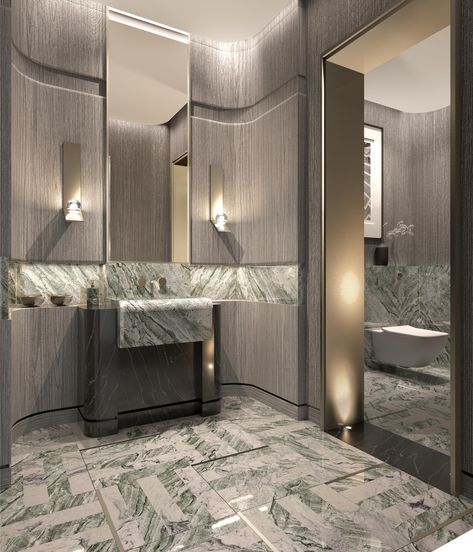 Powder Room Interior, Powder Room Floor, Public Restroom Design, Contemporary Luxury Bathroom, Master Bath Design, Bathroom Sanitary, French Living Rooms, Restroom Design, Spa Interior