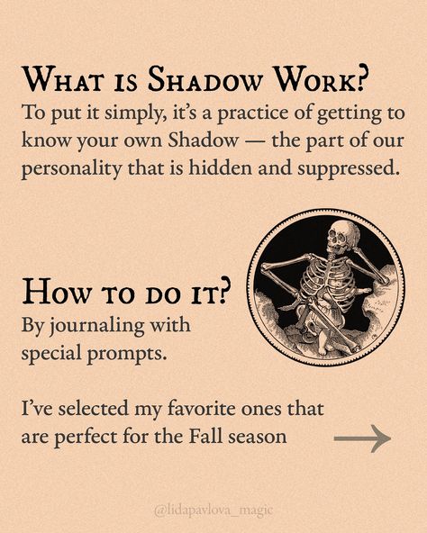 13 Shadow work prompts that are just perfect for the Fall season 🍂🦇 You can do them all in one session, but I would recommend dealing with only 1 prompt a day. It just sinks better that way Have a fantastic, magical, spooky and cozy fall, magical beings! With love, Lida @lidapavlova_magic Shadow Work In Witchcraft, October Shadow Work, Yule Shadow Work, Shadow Work People Pleasing, Shadow Work Explained, Shadow Work, Getting To Know You, Cozy Fall, Getting To Know