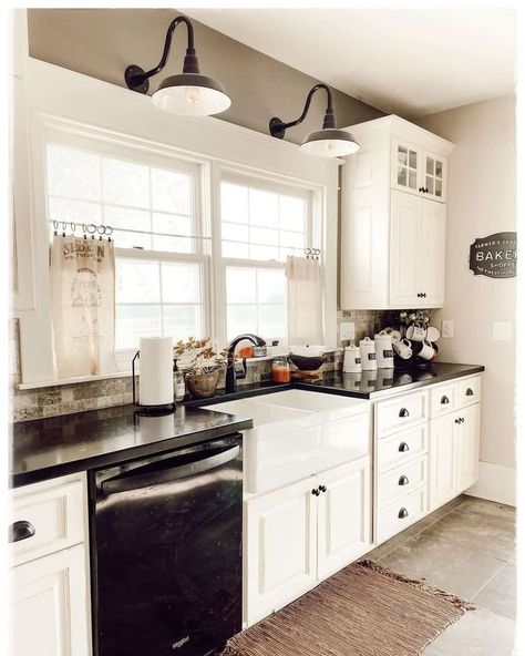 35 Over Kitchen Sink Lighting Ideas That Go Beyond Pot Lights Over Kitchen Sink Lighting Ideas, Distressed Kitchen Island, Black Kitchen Knobs, Over Kitchen Sink Lighting, Kitchen Sink Lighting Ideas, White Farmhouse Kitchen, Over Kitchen Sink, Above Kitchen Sink, Kitchen Sink Lighting