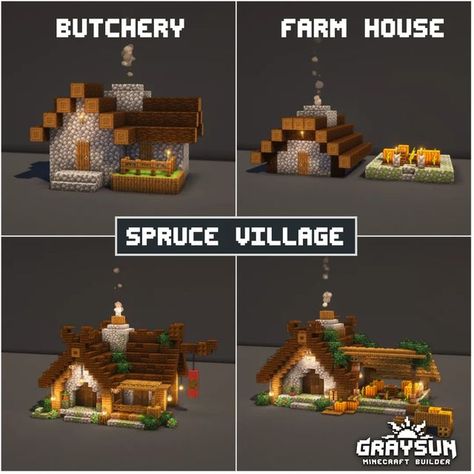 Minecraft Village Structures, Revamped Villages In Mc, Renovated Minecraft Village, Minecraft Village Farmer House, Early Game Minecraft Builds, Village Houses Design, Spruce Village Minecraft Ideas, Minecraft Spruce Village Transformation, Taiga Village Revamp