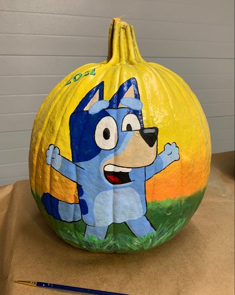 Cute Painted Pumpkins Ideas Disney, Bluey Halloween Pumpkin, Pumpkin Painting Ideas Cartoon, Bluey Cartoon Pumpkins, Disney Princess Pumpkin Painting, Bluey Pumpkin Painting Ideas, Bluey Pumpkin Ideas, Stitch Painted Pumpkin, Ariel Pumpkin Painting