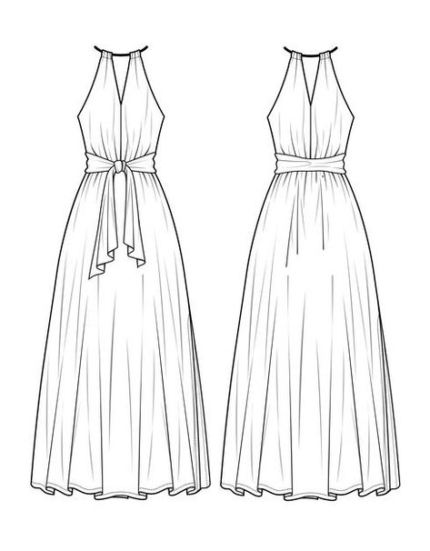 Dresses Flat Sketch, Summer Flowy Dresses, Dress Outline, Casual Dress Patterns, Dress Vector, Sketch Template, Dress Sketch, Dress Illustration, Wedding Dress Patterns