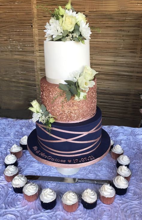 Wedding Rose Gold Theme, Navy And Rose Gold, Navy Blue Wedding Cakes, Navy Blue Wedding Theme, 3 Tier Wedding Cake, Wedding Cake Navy, Blue And Blush Wedding, Rose Gold Wedding Decor, Rose Gold Wedding Cakes