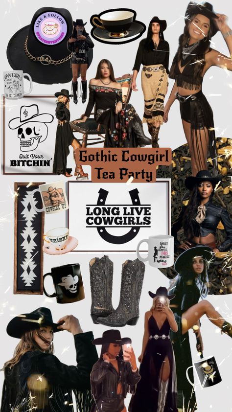 Gothic Cowgirl, Fashion Trend Book, Rodeo Birthday Parties, Black Cowgirl, Alt Outfits, Cowgirl Aesthetic, Cowgirl Birthday, Western Style Outfits, Tea Party Hats