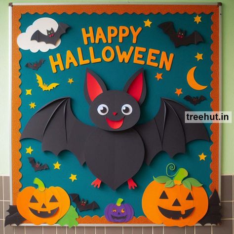 Bat Bulletin Board Ideas and Bat Classroom Activities for Elementary School | October Bulletin Board Ideas | Bat Bulletin Board Preschool, Bats Bulletin Board Ideas, Trick Or Treat Bulletin Board Ideas, Witch Bulletin Board Ideas, Bat Bulletin Board Ideas, Cool Bulletin Board Ideas, Halloween Bulletin Board Ideas For Work, Cricut Bulletin Board Ideas, Autumn School Decoration